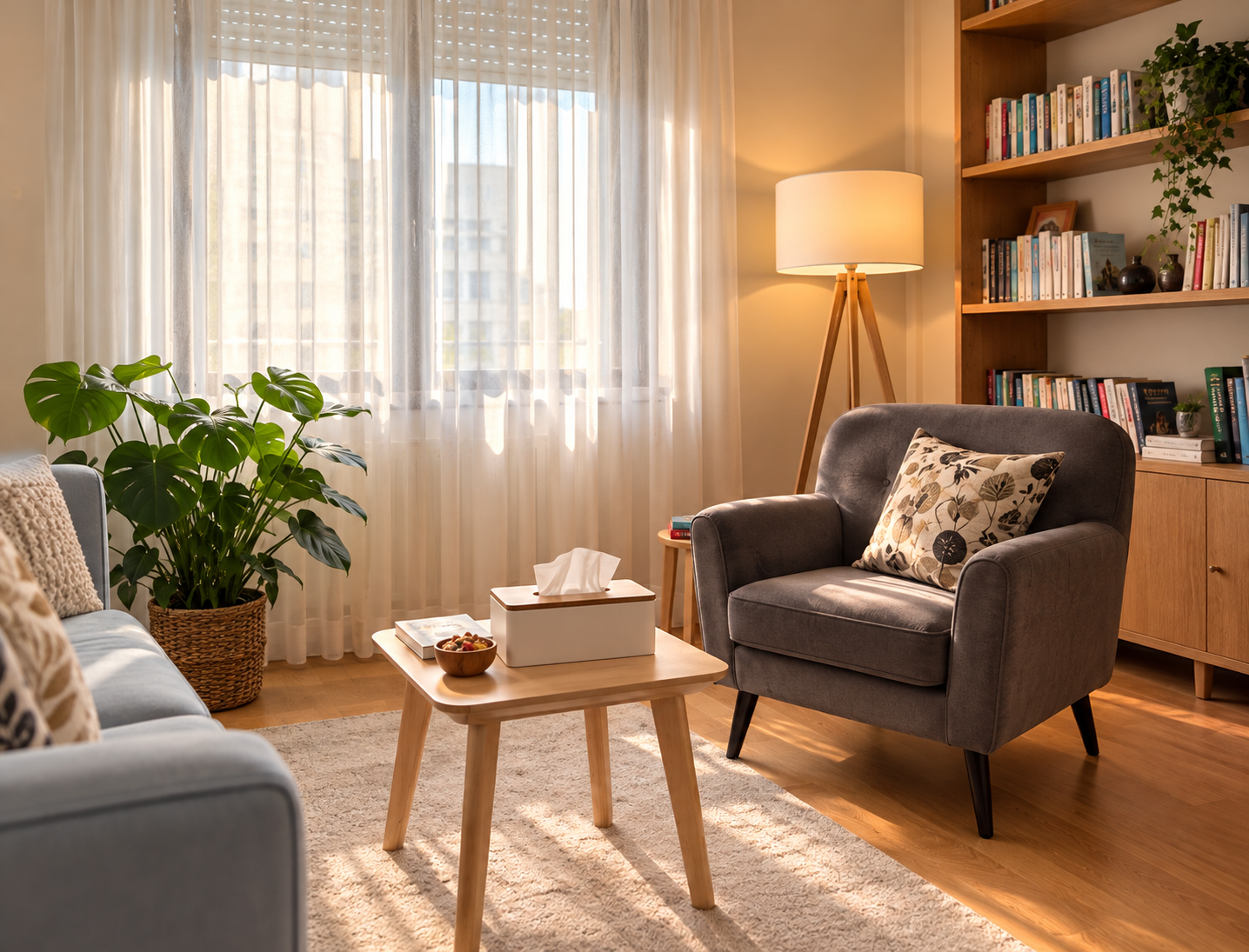 Stanza di psicoterapia con poltrona grigia, tavolino in legno, lampada e libreria, piante verdi vicino alla finestra.